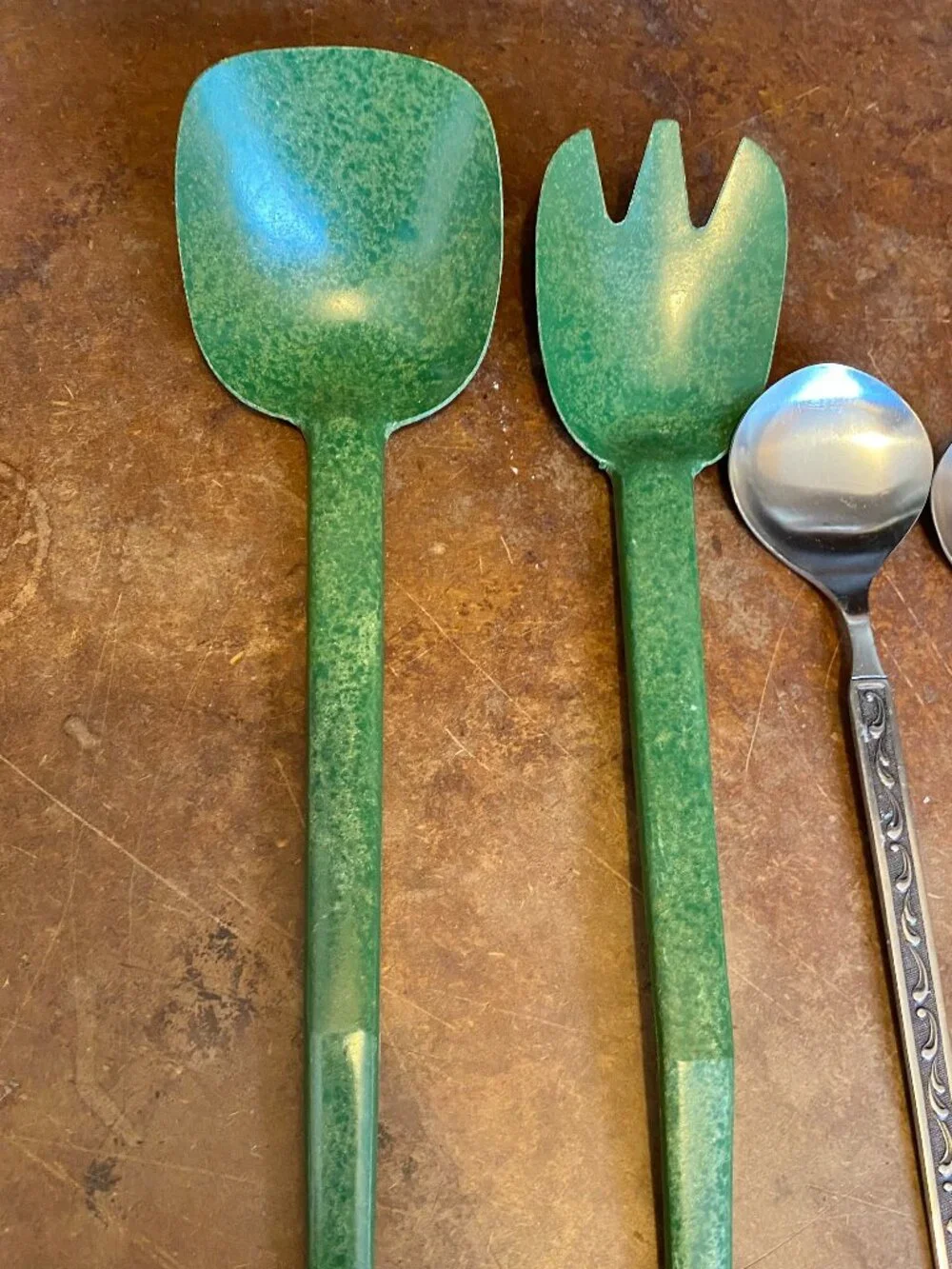 LOT VTG Salad Serving Utensils Green Speckled Melamine Flintwood Dansk Oneida